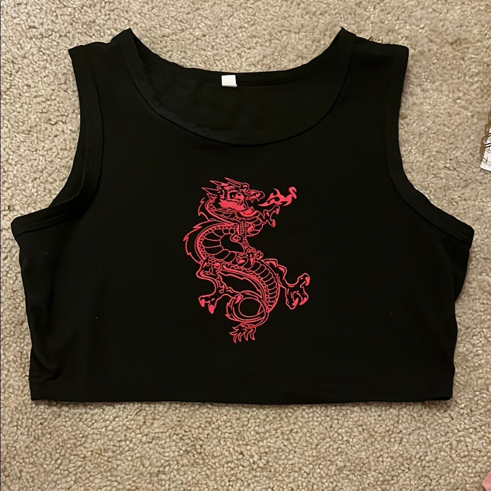 Black Crop Top with Pink Dragon Design